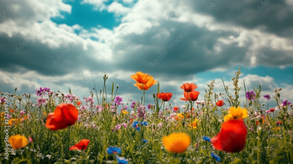 Obraz premium Vibrant Wildflower Meadow Under Cloudy Blue Sky