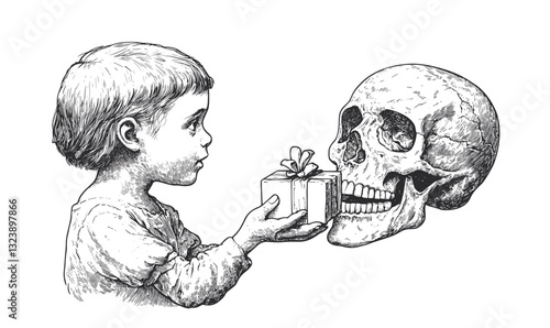 Child holding gift to skull, symbolizing life and death, vector, linear icons set.