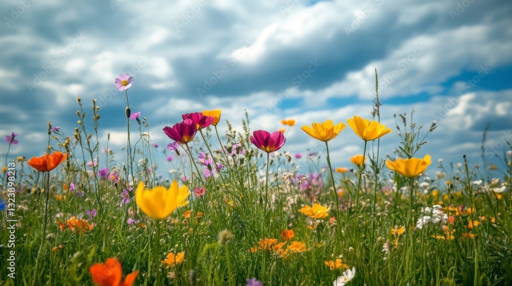 Naklejka premium Colorful Wildflowers Under a Bright Blue Sky with Fluffy Clouds