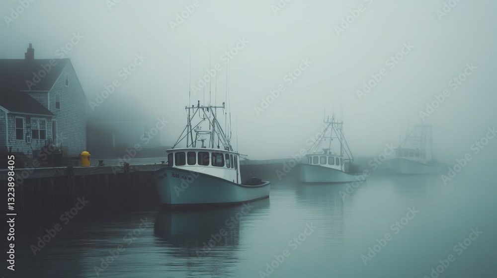 Fototapeta premium Foggy Harbor Scene with Fishing Boats in Mysterious Atmosphere