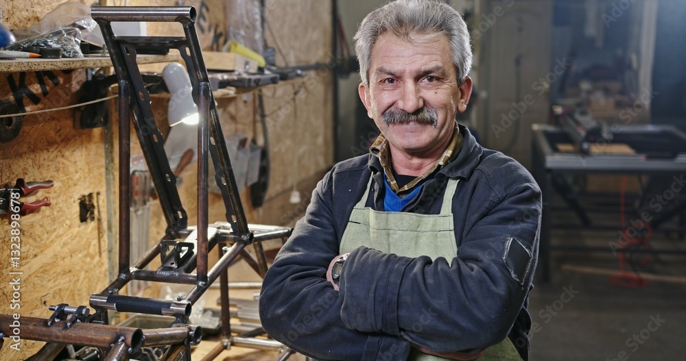 An artisan stands in a workshop filled with tools and equipment for crafting and design An artisan stands in a workshop filled with tools and equipment for crafting and design
