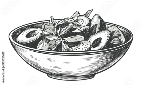 Fresh avocado salad in bowl with herbs, hand-drawn vegetables icons set, linear vector.