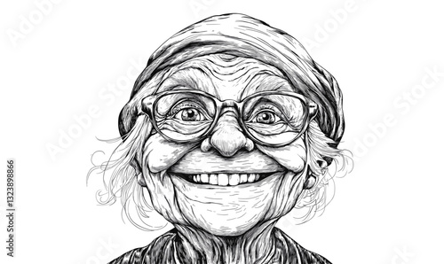 Elderly smiling woman wearing glasses and hat, black and white linear icons set, vector.