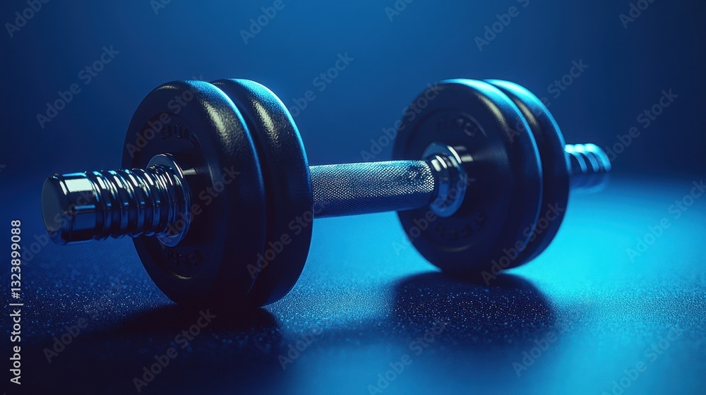 A sleek, black dumbbell, its metallic surface gleaming in the soft light, rests majestically on a deep blue background, a symbol of fitness and determination, inviting the viewer to embrace the power A sleek, black dumbbell, its metallic surface gleaming in the soft light, rests majestically on a deep blue background, a symbol of fitness and determination, inviting the viewer to embrace the power