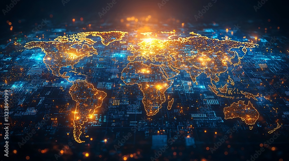 Fototapeta premium Global Network Connectivity Illuminated World Map on Digital Circuit Board