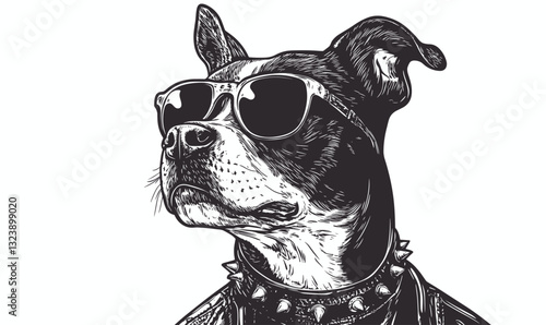 Cool dog with sunglasses and spiked collar in leather jacket, vector, linear icons set.