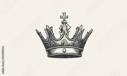Ornate medieval crown with detailed engravings, royalty and nobility symbol, vector, linear icons set.