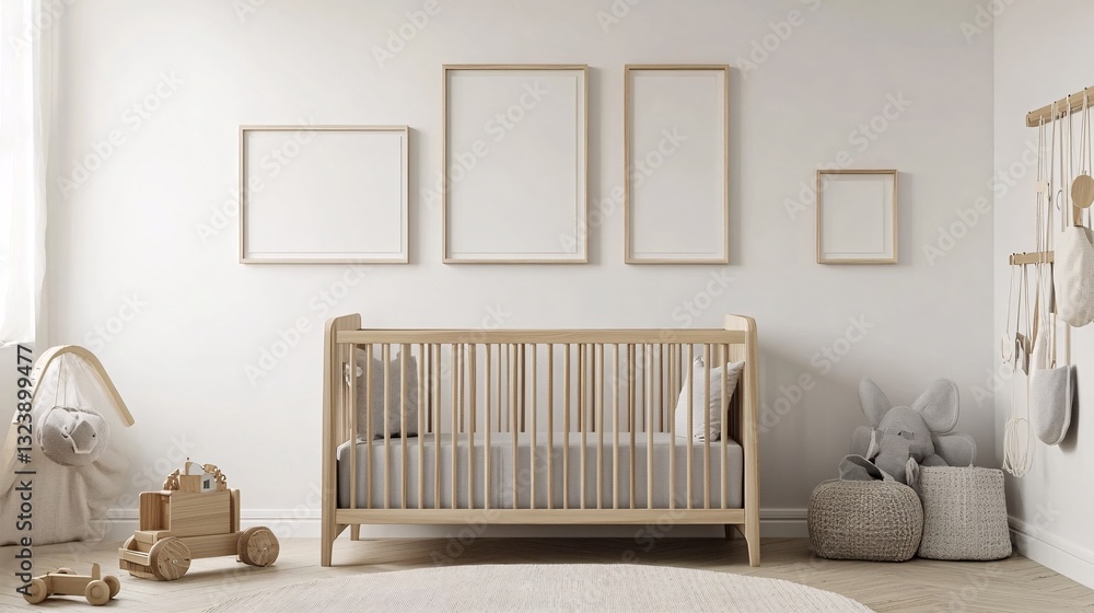Tranquil Nursery Scene with Wooden Crib, Toys and Wall Art Decor for Newborn Baby in Neutral Tones Tranquil Nursery Scene with Wooden Crib, Toys and Wall Art Decor for Newborn Baby in Neutral Tones