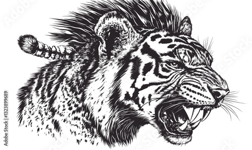Roaring tiger portrait with detailed fur and stripes, linear style vector icons set.