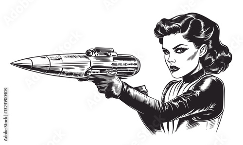 Retro futuristic woman with ray gun in monochrome style - linear icons set, vector.