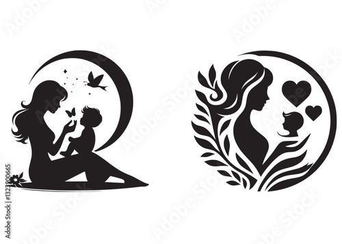 happy mothers day logo silhouette vector, mother's day vector illustration design, mothers day logo icon, woman hold her baby, mother with a son vector silhouette isolated on white background. 