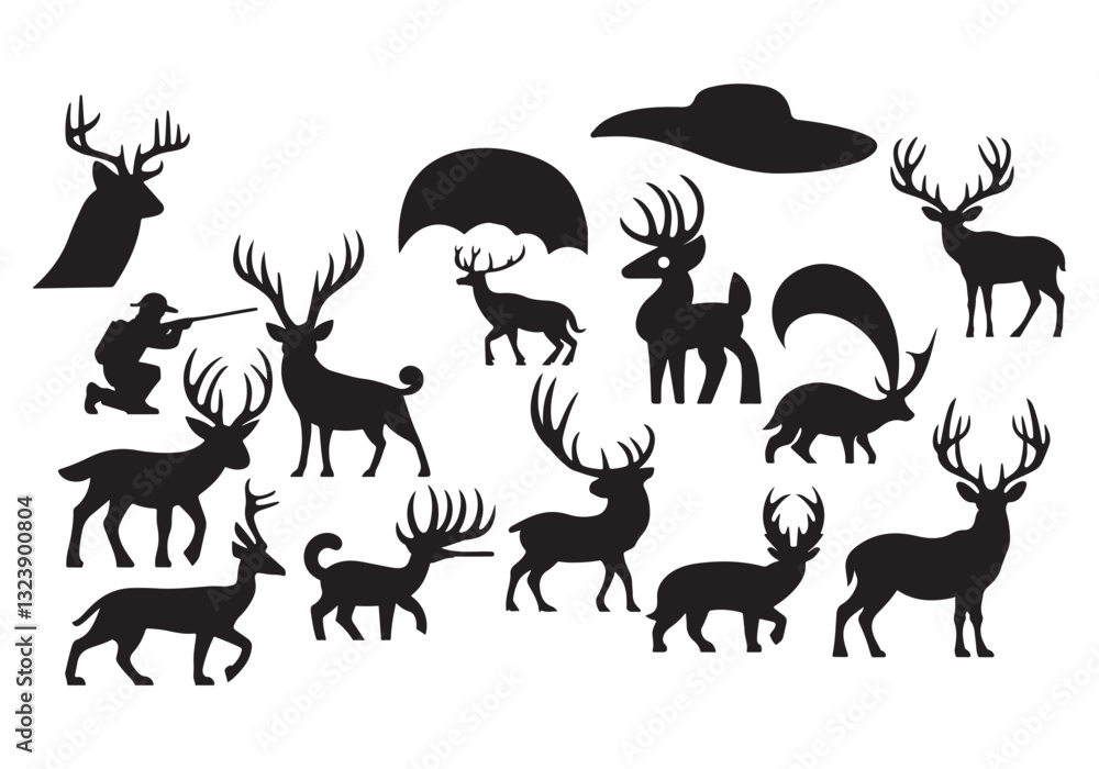 Fototapeta premium Silhouette Deer Vector: Antlered Buck Silhouettes, Hunting Wildlife Clip Art for Design Projects Crafts
