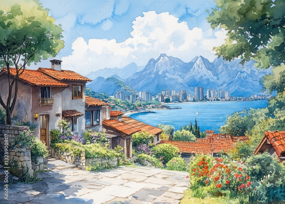 Fototapeta premium Coastal Cityscape in Vibrant Watercolor with Lush Greenery and Distant Mountains