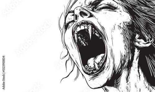 Fierce vampire scream with fangs and open mouth, horror face expression, linear icons set, vector.