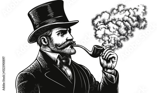 Gentleman with top hat and pipe smoking, vintage style, vector, linear icons set.