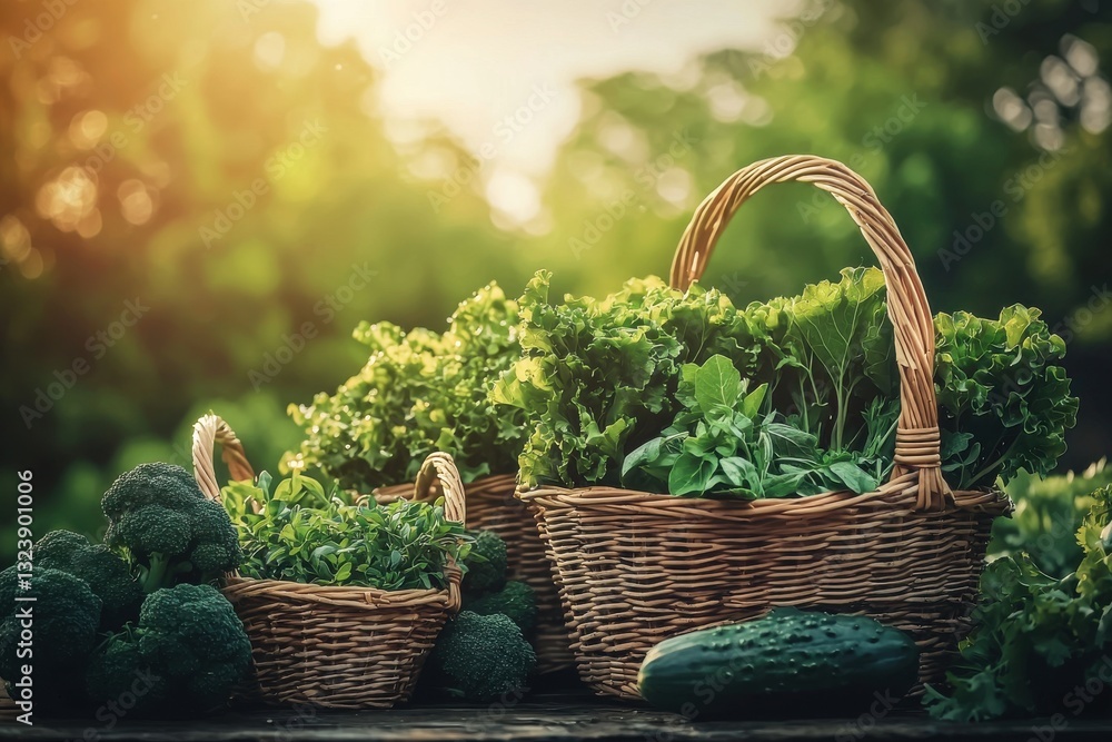 Freshly harvested organic vegetables displayed in rustic woven baskets, bathed in golden sunlight, showcasing the beauty of nature's bounty, with broccoli and greenery. Freshly harvested organic vegetables displayed in rustic woven baskets, bathed in golden sunlight, showcasing the beauty of nature's bounty, with broccoli and greenery.