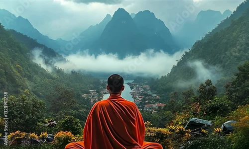Tibetan monk praying in high mountains 