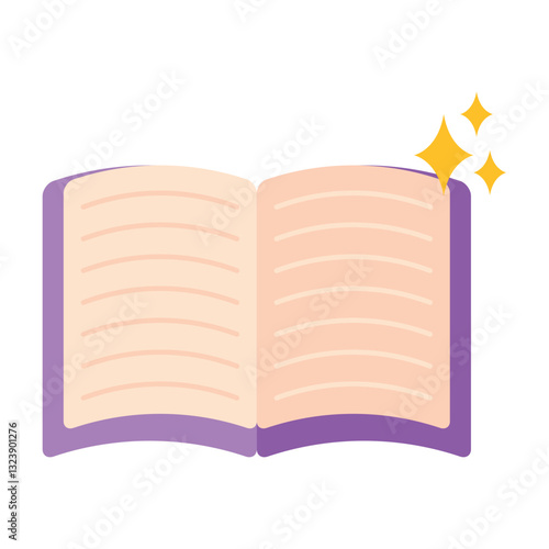 Flat vector illustration of an open magical book with glowing sparkles and purple cover representing fantasy and enchantment