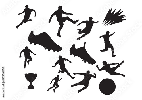 Soccer Silhouette Vector: Action Poses, Cleats, Ball Trophy for Sports Design Football Graphics