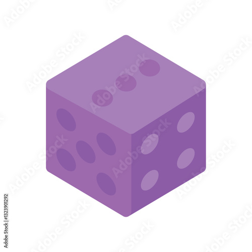 Isometric flat vector illustration of a purple six-sided die used in board games and chance-based activities