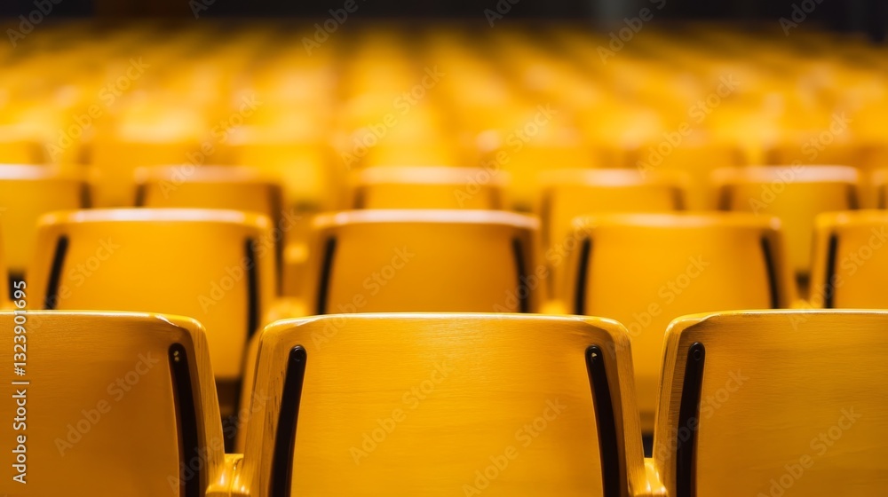 Naklejka premium Rows of empty yellow chairs in a spacious auditorium with soft lighting and blurred background