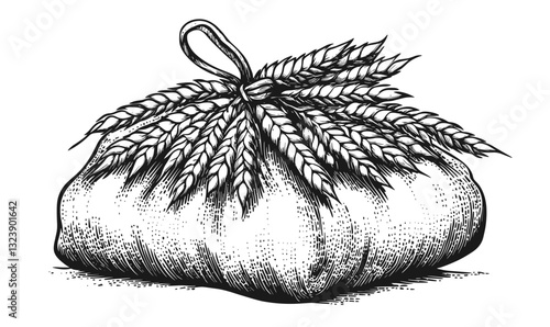 Sack of wheat with grain stalks, black and white linear icons set.