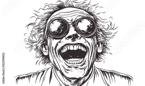 Laughing man with goggles in high contrast style - black and white linear icon set vector.