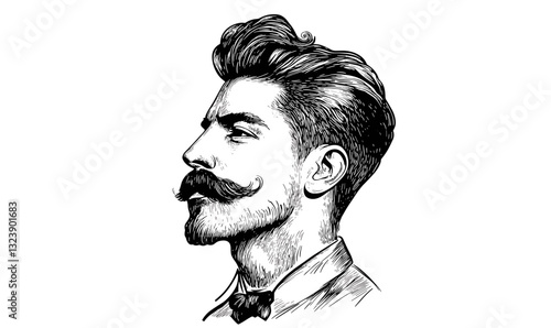 Vintage gentleman with mustache in profile view, flat icons set vector.