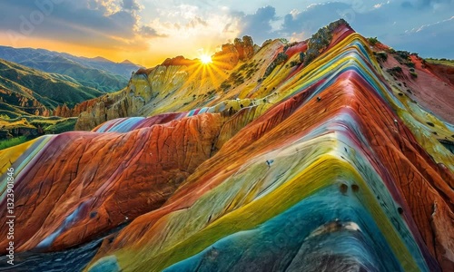 Beautiful rainbow mountains, rock formation with bright colours, inspired by Chinese landscape