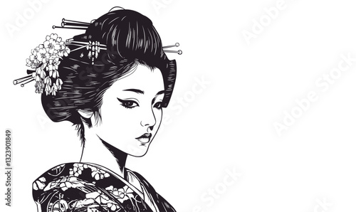 Traditional geisha portrait in kimono, flat style icons set, vector.