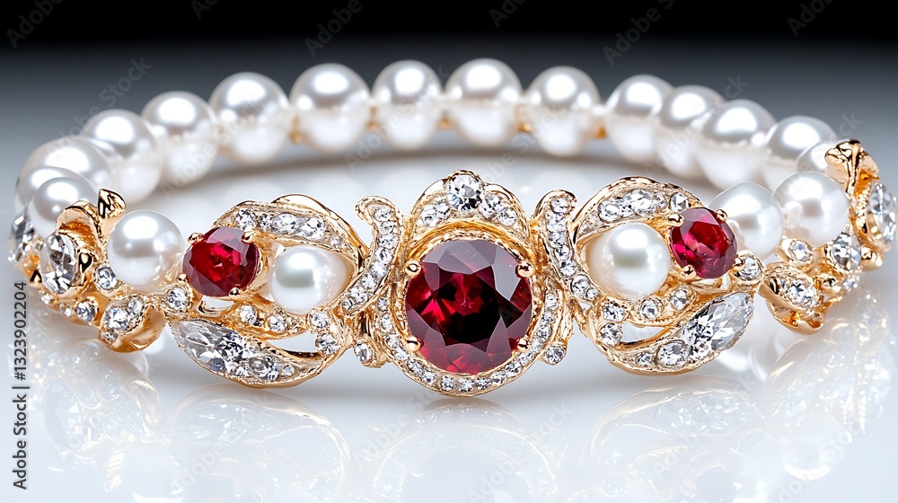 Elegant Pearl and Ruby Bracelet with Diamond Accents Luxurious Jewelry Design Elegant Pearl and Ruby Bracelet with Diamond Accents Luxurious Jewelry Design