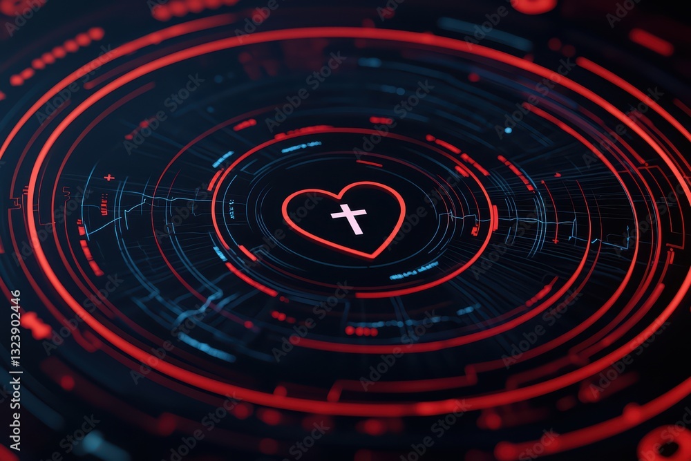 Holographic Medical Technology Concept with Heart Symbol and Digital Elements Holographic Medical Technology Concept with Heart Symbol and Digital Elements