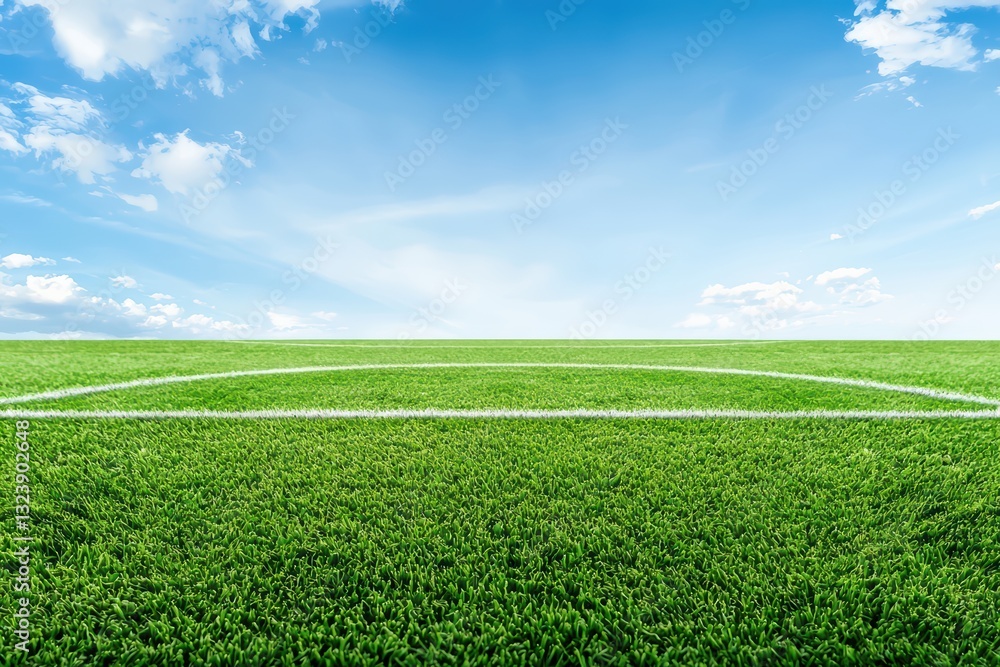 Obraz premium Abstract Minimalist Soccer Field Concept with Vibrant Green Grass and Blue Sky Background