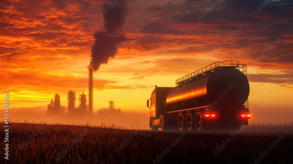 Fototapeta premium Oil Transportation Truck at Sunrise Near Industrial Facility with Smokestacks and Fields