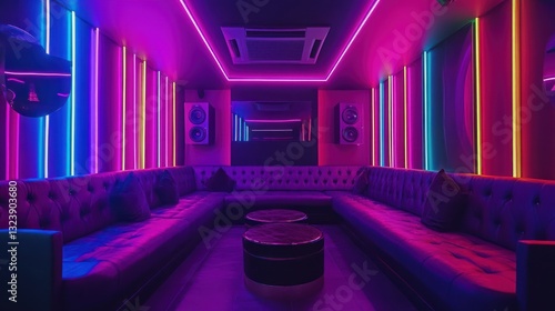 Vibrant nightclub lounge, neon lights, plush seating
