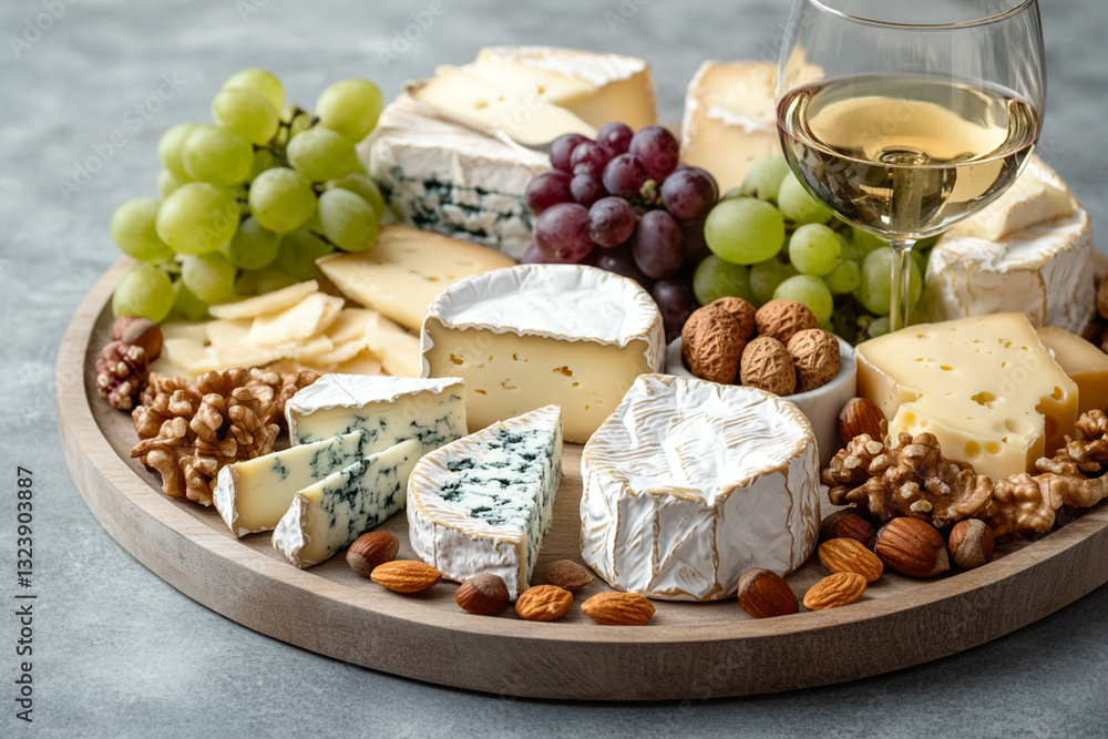 French platter with assorted cheeses, grapes, nuts and a glass of wine French platter with assorted cheeses, grapes, nuts and a glass of wine