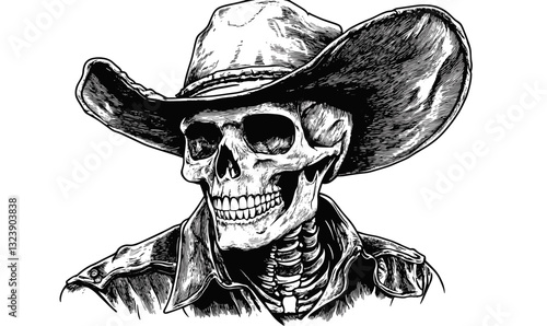 Cowboy skull with hat and jacket in linear style, icons set - vector.