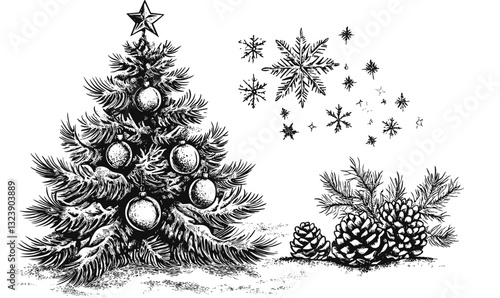 Christmas tree and snowflakes with pinecones in linear style icons set, vector.