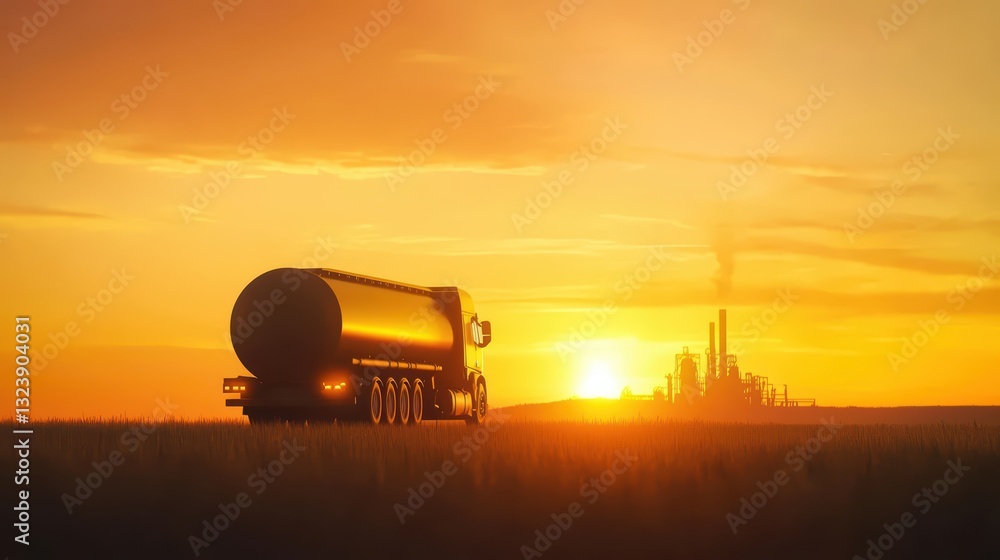 Fototapeta premium Silhouette of a Petroleum Tanker in Front of an Industrial Landscape at Sunset