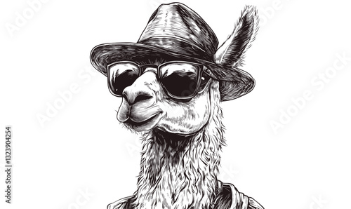Stylish llama with sunglasses and hat - animal fashion icons set, linear vector.