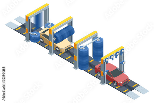 Isometric Car washing machine. Auto brush washer cleancar on automatic carwash station. Car in automatic car wash, rotating blue brush. Washing vehicle.