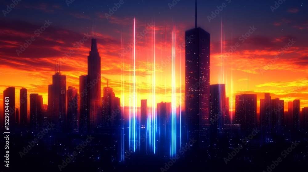 Fototapeta premium Vibrant city skyline at sunset with glowing vertical beams and silhouettes of skyscrapers