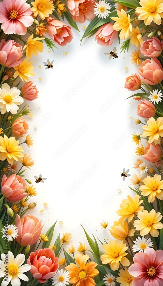 Fototapeta premium Floral Frame of Tulips Daisies and Bees on White Background