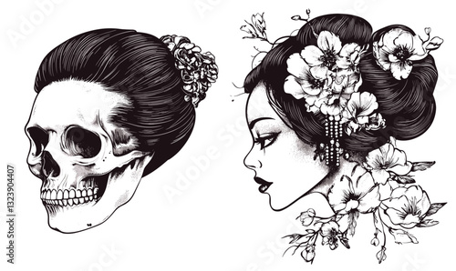 Skull and geisha profiles with floral details, linear icons set, vector.