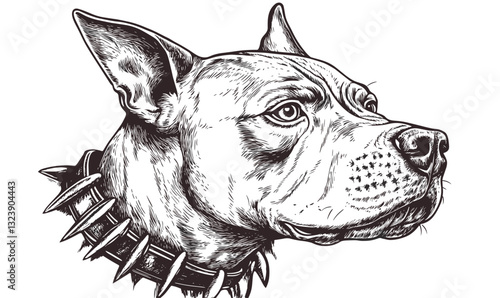 Aggressive dog head with spiked collar vector illustration, linear style icons set.