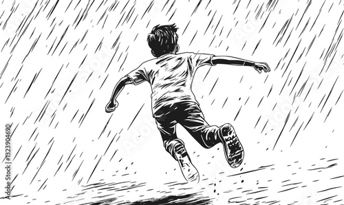 Child running in the rain, dynamic movement, energetic gesture, flat style icons set, vector.