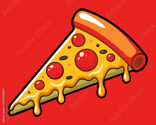 crispy pepperoni pizza slice with gooey cheese, on a bold red background.