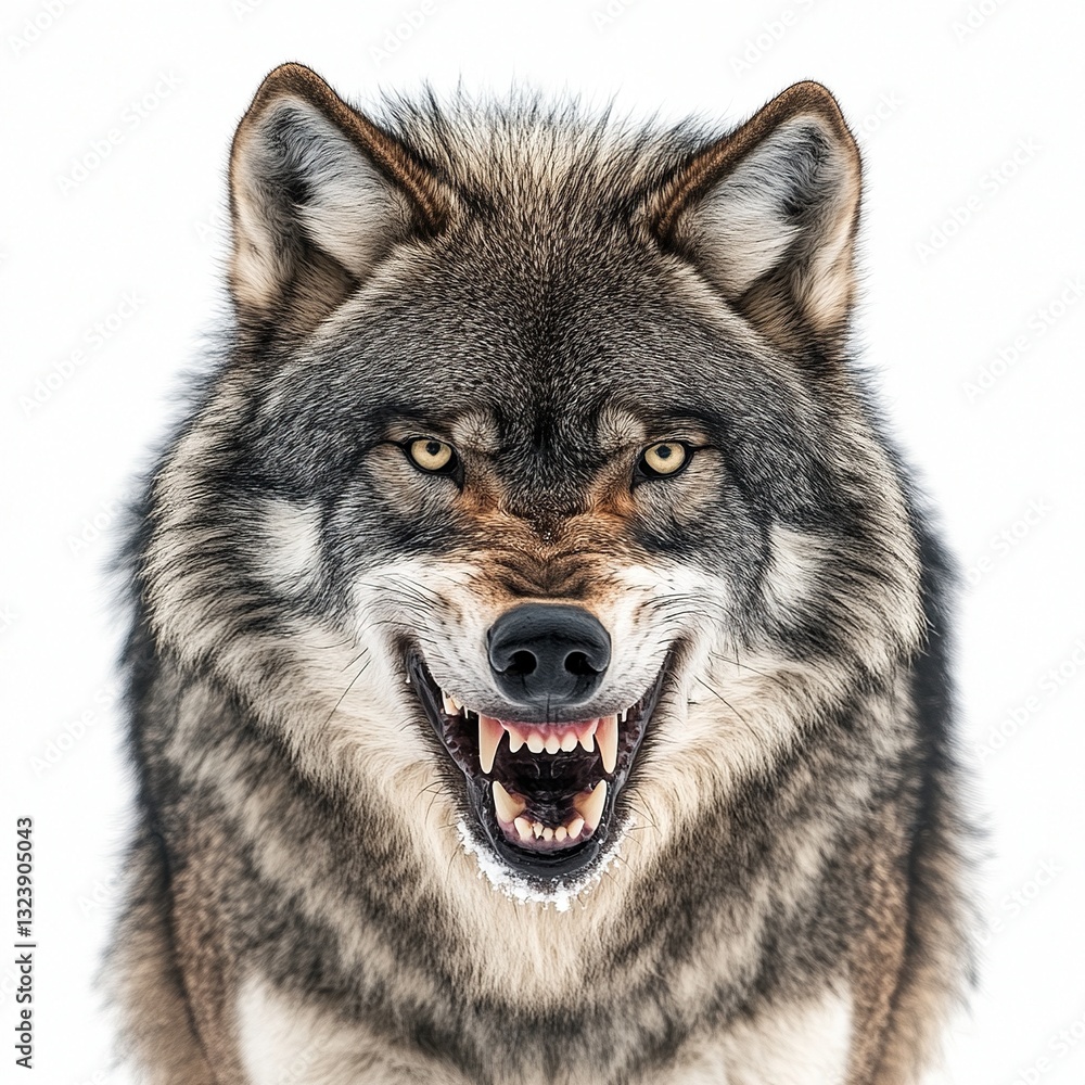Obraz premium Gray wolf snarling, isolated on white.
