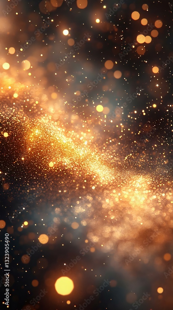 Fototapeta premium Sparkling cosmic background with shimmering golden particles against a dark backdrop, ideal for creating stunning visual effects and designs.
