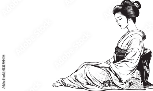 Traditional japanese geisha sitting in kimono – elegant flat icons set vector.